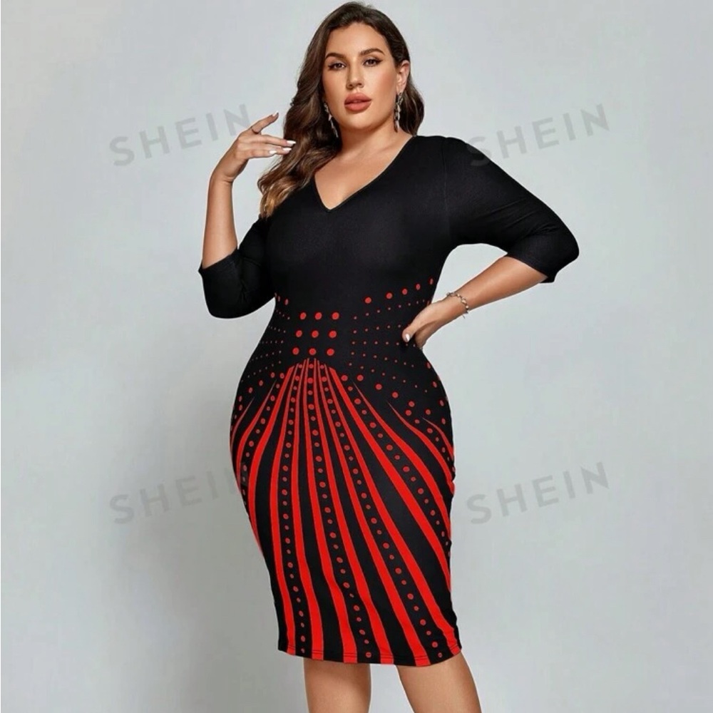 SHEIN Clasi Plus Size Striped Polka Dot Printed Slim Fit Dress 4X
